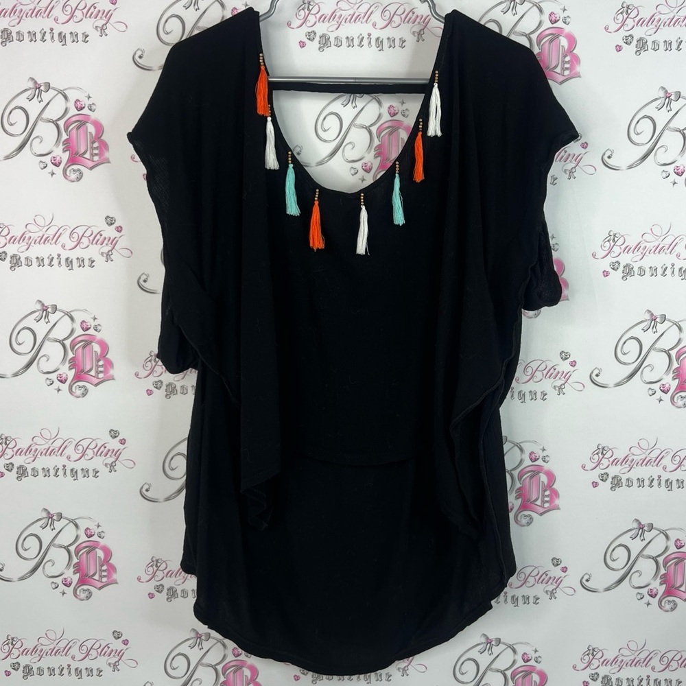 David and Young coverup dress beach flowy Black Top with Colorful Tassels